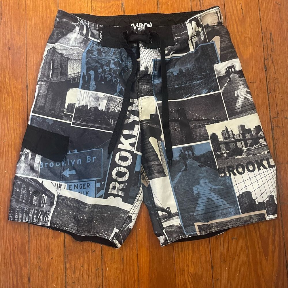 Carbon brand Brooklyn theme print Swim Shorts Medium EUC